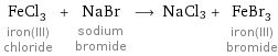 FeCl_3 iron(III) chloride + NaBr sodium bromide ⟶ NaCl3 + FeBr_3 iron(III) bromide