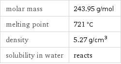 molar mass | 243.95 g/mol melting point | 721 °C density | 5.27 g/cm^3 solubility in water | reacts