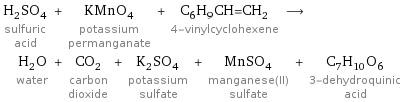 H_2SO_4 sulfuric acid + KMnO_4 potassium permanganate + C_6H_9CH=CH_2 4-vinylcyclohexene ⟶ H_2O water + CO_2 carbon dioxide + K_2SO_4 potassium sulfate + MnSO_4 manganese(II) sulfate + C_7H_10O_6 3-dehydroquinic acid