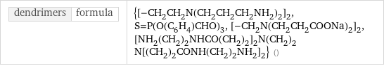 dendrimers | formula | {[-CH_2CH_2N(CH_2CH_2CH_2NH_2)_2]_2, S=P(O(C_6H_4)CHO)_3, [-CH_2N(CH_2CH_2COONa)_2]_2, [NH_2(CH_2)_2NHCO(CH_2)_2]_2N(CH_2)_2N[(CH_2)_2CONH(CH_2)_2NH_2]_2} ()