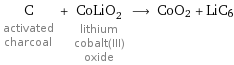 C activated charcoal + CoLiO_2 lithium cobalt(III) oxide ⟶ CoO2 + LiC6