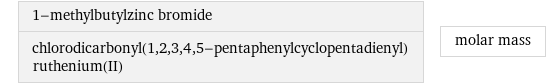 1-methylbutylzinc bromide chlorodicarbonyl(1, 2, 3, 4, 5-pentaphenylcyclopentadienyl)ruthenium(II) | molar mass