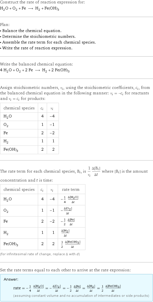 Construct the rate of reaction expression for: H_2O + O_2 + Fe ⟶ H_2 + Fe(OH)_3 Plan: • Balance the chemical equation. • Determine the stoichiometric numbers. • Assemble the rate term for each chemical species. • Write the rate of reaction expression. Write the balanced chemical equation: 4 H_2O + O_2 + 2 Fe ⟶ H_2 + 2 Fe(OH)_3 Assign stoichiometric numbers, ν_i, using the stoichiometric coefficients, c_i, from the balanced chemical equation in the following manner: ν_i = -c_i for reactants and ν_i = c_i for products: chemical species | c_i | ν_i H_2O | 4 | -4 O_2 | 1 | -1 Fe | 2 | -2 H_2 | 1 | 1 Fe(OH)_3 | 2 | 2 The rate term for each chemical species, B_i, is 1/ν_i(Δ[B_i])/(Δt) where [B_i] is the amount concentration and t is time: chemical species | c_i | ν_i | rate term H_2O | 4 | -4 | -1/4 (Δ[H2O])/(Δt) O_2 | 1 | -1 | -(Δ[O2])/(Δt) Fe | 2 | -2 | -1/2 (Δ[Fe])/(Δt) H_2 | 1 | 1 | (Δ[H2])/(Δt) Fe(OH)_3 | 2 | 2 | 1/2 (Δ[Fe(OH)3])/(Δt) (for infinitesimal rate of change, replace Δ with d) Set the rate terms equal to each other to arrive at the rate expression: Answer: |   | rate = -1/4 (Δ[H2O])/(Δt) = -(Δ[O2])/(Δt) = -1/2 (Δ[Fe])/(Δt) = (Δ[H2])/(Δt) = 1/2 (Δ[Fe(OH)3])/(Δt) (assuming constant volume and no accumulation of intermediates or side products)