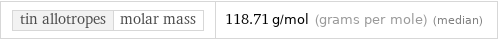 tin allotropes | molar mass | 118.71 g/mol (grams per mole) (median)