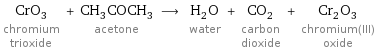 CrO_3 chromium trioxide + CH_3COCH_3 acetone ⟶ H_2O water + CO_2 carbon dioxide + Cr_2O_3 chromium(III) oxide