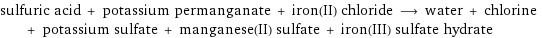 sulfuric acid + potassium permanganate + iron(II) chloride ⟶ water + chlorine + potassium sulfate + manganese(II) sulfate + iron(III) sulfate hydrate