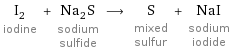 I_2 iodine + Na_2S sodium sulfide ⟶ S mixed sulfur + NaI sodium iodide