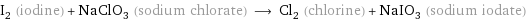 I_2 (iodine) + NaClO_3 (sodium chlorate) ⟶ Cl_2 (chlorine) + NaIO_3 (sodium iodate)