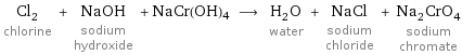 Cl_2 chlorine + NaOH sodium hydroxide + NaCr(OH)4 ⟶ H_2O water + NaCl sodium chloride + Na_2CrO_4 sodium chromate