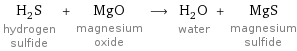 H_2S hydrogen sulfide + MgO magnesium oxide ⟶ H_2O water + MgS magnesium sulfide