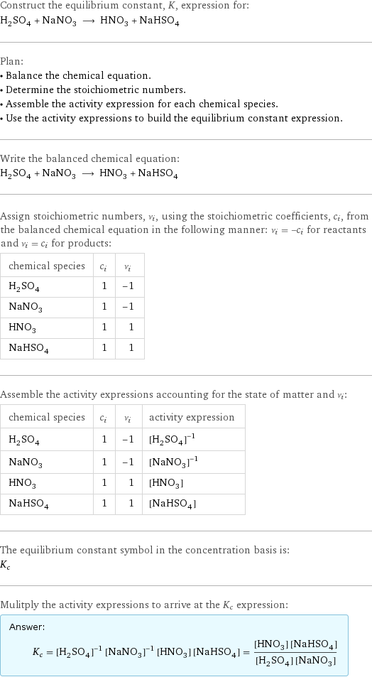 Construct the equilibrium constant, K, expression for: H_2SO_4 + NaNO_3 ⟶ HNO_3 + NaHSO_4 Plan: • Balance the chemical equation. • Determine the stoichiometric numbers. • Assemble the activity expression for each chemical species. • Use the activity expressions to build the equilibrium constant expression. Write the balanced chemical equation: H_2SO_4 + NaNO_3 ⟶ HNO_3 + NaHSO_4 Assign stoichiometric numbers, ν_i, using the stoichiometric coefficients, c_i, from the balanced chemical equation in the following manner: ν_i = -c_i for reactants and ν_i = c_i for products: chemical species | c_i | ν_i H_2SO_4 | 1 | -1 NaNO_3 | 1 | -1 HNO_3 | 1 | 1 NaHSO_4 | 1 | 1 Assemble the activity expressions accounting for the state of matter and ν_i: chemical species | c_i | ν_i | activity expression H_2SO_4 | 1 | -1 | ([H2SO4])^(-1) NaNO_3 | 1 | -1 | ([NaNO3])^(-1) HNO_3 | 1 | 1 | [HNO3] NaHSO_4 | 1 | 1 | [NaHSO4] The equilibrium constant symbol in the concentration basis is: K_c Mulitply the activity expressions to arrive at the K_c expression: Answer: |   | K_c = ([H2SO4])^(-1) ([NaNO3])^(-1) [HNO3] [NaHSO4] = ([HNO3] [NaHSO4])/([H2SO4] [NaNO3])