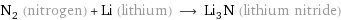 N_2 (nitrogen) + Li (lithium) ⟶ Li_3N (lithium nitride)