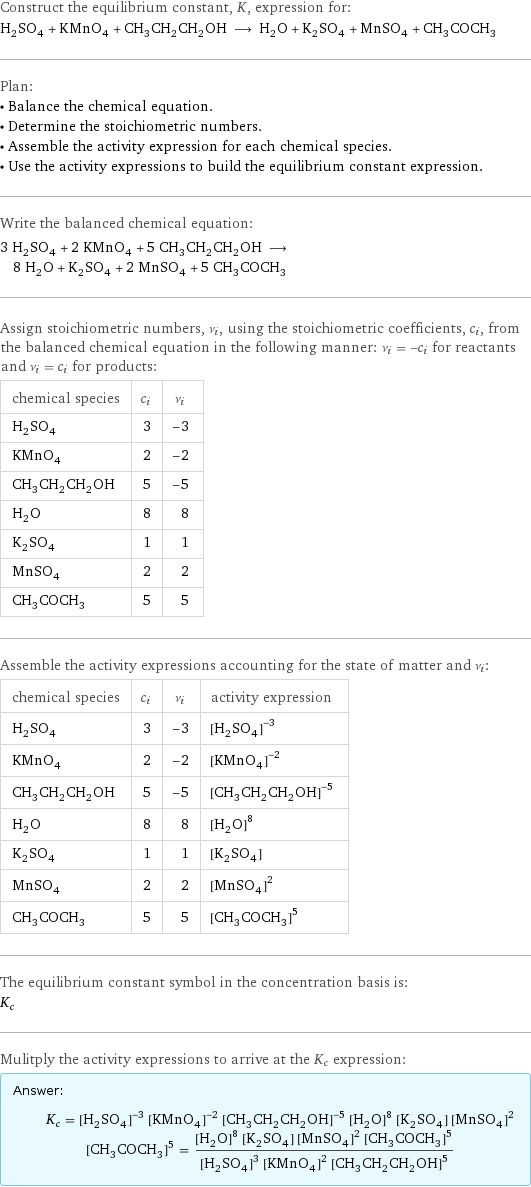 Construct the equilibrium constant, K, expression for: H_2SO_4 + KMnO_4 + CH_3CH_2CH_2OH ⟶ H_2O + K_2SO_4 + MnSO_4 + CH_3COCH_3 Plan: • Balance the chemical equation. • Determine the stoichiometric numbers. • Assemble the activity expression for each chemical species. • Use the activity expressions to build the equilibrium constant expression. Write the balanced chemical equation: 3 H_2SO_4 + 2 KMnO_4 + 5 CH_3CH_2CH_2OH ⟶ 8 H_2O + K_2SO_4 + 2 MnSO_4 + 5 CH_3COCH_3 Assign stoichiometric numbers, ν_i, using the stoichiometric coefficients, c_i, from the balanced chemical equation in the following manner: ν_i = -c_i for reactants and ν_i = c_i for products: chemical species | c_i | ν_i H_2SO_4 | 3 | -3 KMnO_4 | 2 | -2 CH_3CH_2CH_2OH | 5 | -5 H_2O | 8 | 8 K_2SO_4 | 1 | 1 MnSO_4 | 2 | 2 CH_3COCH_3 | 5 | 5 Assemble the activity expressions accounting for the state of matter and ν_i: chemical species | c_i | ν_i | activity expression H_2SO_4 | 3 | -3 | ([H2SO4])^(-3) KMnO_4 | 2 | -2 | ([KMnO4])^(-2) CH_3CH_2CH_2OH | 5 | -5 | ([CH3CH2CH2OH])^(-5) H_2O | 8 | 8 | ([H2O])^8 K_2SO_4 | 1 | 1 | [K2SO4] MnSO_4 | 2 | 2 | ([MnSO4])^2 CH_3COCH_3 | 5 | 5 | ([CH3COCH3])^5 The equilibrium constant symbol in the concentration basis is: K_c Mulitply the activity expressions to arrive at the K_c expression: Answer: |   | K_c = ([H2SO4])^(-3) ([KMnO4])^(-2) ([CH3CH2CH2OH])^(-5) ([H2O])^8 [K2SO4] ([MnSO4])^2 ([CH3COCH3])^5 = (([H2O])^8 [K2SO4] ([MnSO4])^2 ([CH3COCH3])^5)/(([H2SO4])^3 ([KMnO4])^2 ([CH3CH2CH2OH])^5)