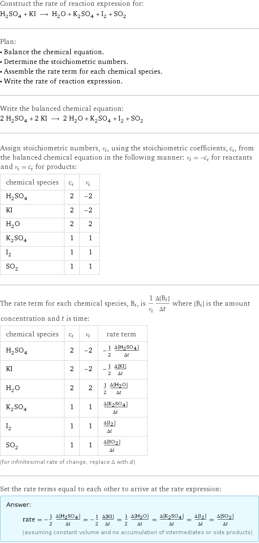 Construct the rate of reaction expression for: H_2SO_4 + KI ⟶ H_2O + K_2SO_4 + I_2 + SO_2 Plan: • Balance the chemical equation. • Determine the stoichiometric numbers. • Assemble the rate term for each chemical species. • Write the rate of reaction expression. Write the balanced chemical equation: 2 H_2SO_4 + 2 KI ⟶ 2 H_2O + K_2SO_4 + I_2 + SO_2 Assign stoichiometric numbers, ν_i, using the stoichiometric coefficients, c_i, from the balanced chemical equation in the following manner: ν_i = -c_i for reactants and ν_i = c_i for products: chemical species | c_i | ν_i H_2SO_4 | 2 | -2 KI | 2 | -2 H_2O | 2 | 2 K_2SO_4 | 1 | 1 I_2 | 1 | 1 SO_2 | 1 | 1 The rate term for each chemical species, B_i, is 1/ν_i(Δ[B_i])/(Δt) where [B_i] is the amount concentration and t is time: chemical species | c_i | ν_i | rate term H_2SO_4 | 2 | -2 | -1/2 (Δ[H2SO4])/(Δt) KI | 2 | -2 | -1/2 (Δ[KI])/(Δt) H_2O | 2 | 2 | 1/2 (Δ[H2O])/(Δt) K_2SO_4 | 1 | 1 | (Δ[K2SO4])/(Δt) I_2 | 1 | 1 | (Δ[I2])/(Δt) SO_2 | 1 | 1 | (Δ[SO2])/(Δt) (for infinitesimal rate of change, replace Δ with d) Set the rate terms equal to each other to arrive at the rate expression: Answer: |   | rate = -1/2 (Δ[H2SO4])/(Δt) = -1/2 (Δ[KI])/(Δt) = 1/2 (Δ[H2O])/(Δt) = (Δ[K2SO4])/(Δt) = (Δ[I2])/(Δt) = (Δ[SO2])/(Δt) (assuming constant volume and no accumulation of intermediates or side products)