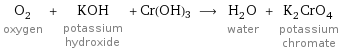 O_2 oxygen + KOH potassium hydroxide + Cr(OH)3 ⟶ H_2O water + K_2CrO_4 potassium chromate