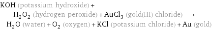 KOH (potassium hydroxide) + H_2O_2 (hydrogen peroxide) + AuCl_3 (gold(III) chloride) ⟶ H_2O (water) + O_2 (oxygen) + KCl (potassium chloride) + Au (gold)