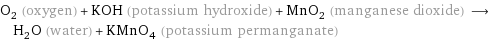 O_2 (oxygen) + KOH (potassium hydroxide) + MnO_2 (manganese dioxide) ⟶ H_2O (water) + KMnO_4 (potassium permanganate)