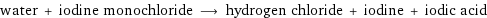 water + iodine monochloride ⟶ hydrogen chloride + iodine + iodic acid