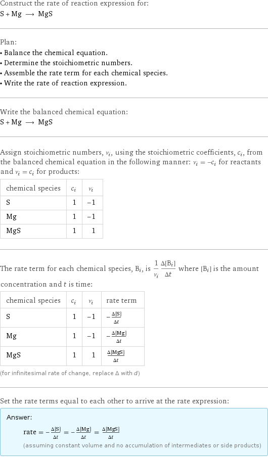 Construct the rate of reaction expression for: S + Mg ⟶ MgS Plan: • Balance the chemical equation. • Determine the stoichiometric numbers. • Assemble the rate term for each chemical species. • Write the rate of reaction expression. Write the balanced chemical equation: S + Mg ⟶ MgS Assign stoichiometric numbers, ν_i, using the stoichiometric coefficients, c_i, from the balanced chemical equation in the following manner: ν_i = -c_i for reactants and ν_i = c_i for products: chemical species | c_i | ν_i S | 1 | -1 Mg | 1 | -1 MgS | 1 | 1 The rate term for each chemical species, B_i, is 1/ν_i(Δ[B_i])/(Δt) where [B_i] is the amount concentration and t is time: chemical species | c_i | ν_i | rate term S | 1 | -1 | -(Δ[S])/(Δt) Mg | 1 | -1 | -(Δ[Mg])/(Δt) MgS | 1 | 1 | (Δ[MgS])/(Δt) (for infinitesimal rate of change, replace Δ with d) Set the rate terms equal to each other to arrive at the rate expression: Answer: |   | rate = -(Δ[S])/(Δt) = -(Δ[Mg])/(Δt) = (Δ[MgS])/(Δt) (assuming constant volume and no accumulation of intermediates or side products)