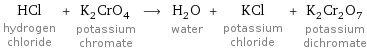 HCl hydrogen chloride + K_2CrO_4 potassium chromate ⟶ H_2O water + KCl potassium chloride + K_2Cr_2O_7 potassium dichromate