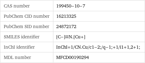 CAS number | 199450-10-7 PubChem CID number | 16213325 PubChem SID number | 24872172 SMILES identifier | [C-]#N.[Cu+] InChI identifier | InChI=1/CN.Cu/c1-2;/q-1;+1/i1+1, 2+1; MDL number | MFCD00190294