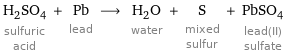 H_2SO_4 sulfuric acid + Pb lead ⟶ H_2O water + S mixed sulfur + PbSO_4 lead(II) sulfate