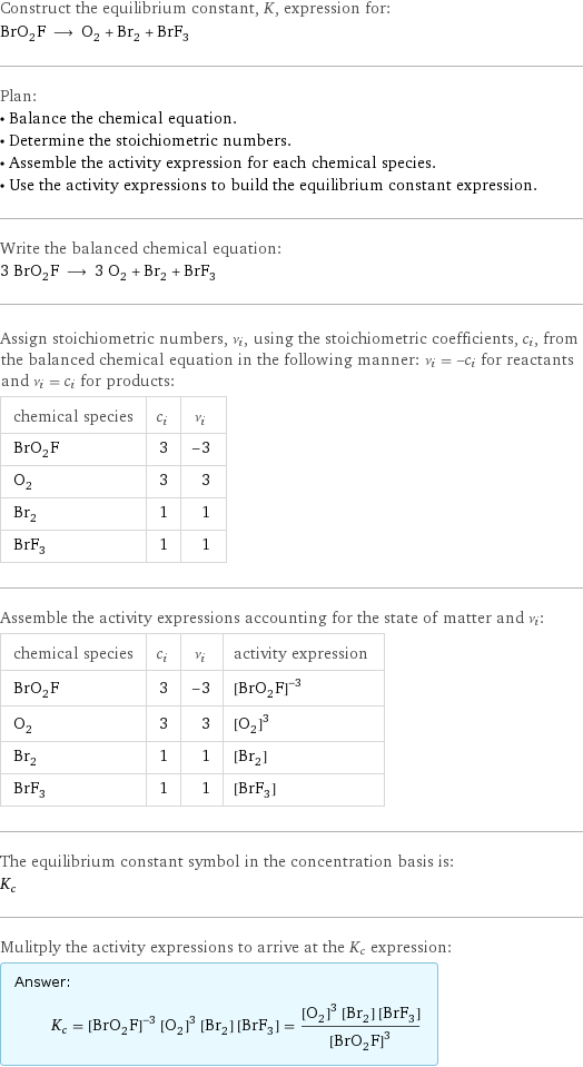 Construct the equilibrium constant, K, expression for: BrO_2F ⟶ O_2 + Br_2 + BrF_3 Plan: • Balance the chemical equation. • Determine the stoichiometric numbers. • Assemble the activity expression for each chemical species. • Use the activity expressions to build the equilibrium constant expression. Write the balanced chemical equation: 3 BrO_2F ⟶ 3 O_2 + Br_2 + BrF_3 Assign stoichiometric numbers, ν_i, using the stoichiometric coefficients, c_i, from the balanced chemical equation in the following manner: ν_i = -c_i for reactants and ν_i = c_i for products: chemical species | c_i | ν_i BrO_2F | 3 | -3 O_2 | 3 | 3 Br_2 | 1 | 1 BrF_3 | 1 | 1 Assemble the activity expressions accounting for the state of matter and ν_i: chemical species | c_i | ν_i | activity expression BrO_2F | 3 | -3 | ([BrO2F])^(-3) O_2 | 3 | 3 | ([O2])^3 Br_2 | 1 | 1 | [Br2] BrF_3 | 1 | 1 | [BrF3] The equilibrium constant symbol in the concentration basis is: K_c Mulitply the activity expressions to arrive at the K_c expression: Answer: |   | K_c = ([BrO2F])^(-3) ([O2])^3 [Br2] [BrF3] = (([O2])^3 [Br2] [BrF3])/([BrO2F])^3