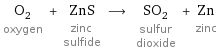 O_2 oxygen + ZnS zinc sulfide ⟶ SO_2 sulfur dioxide + Zn zinc