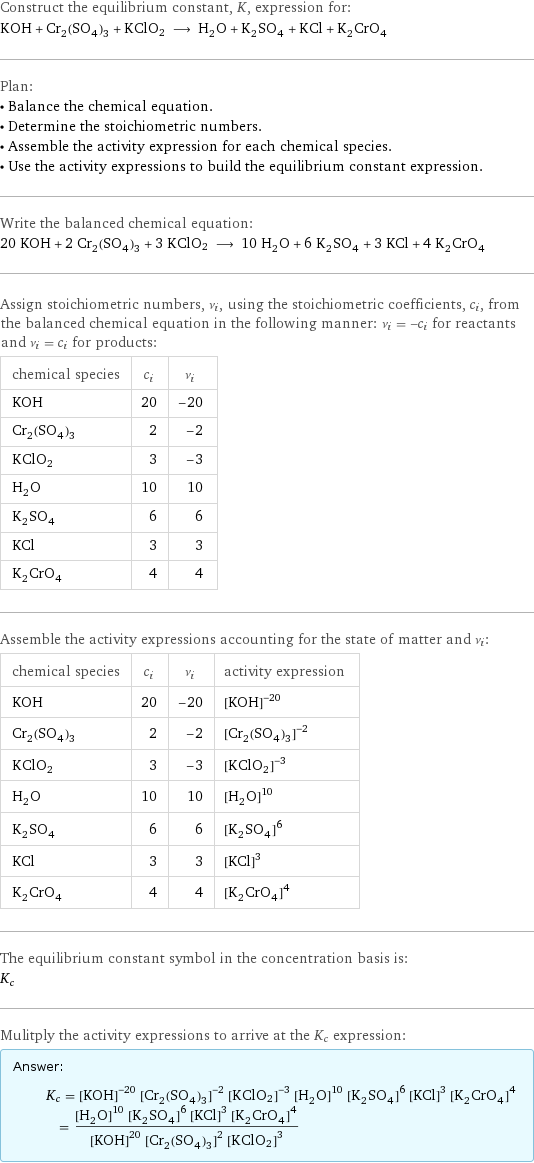 Construct the equilibrium constant, K, expression for: KOH + Cr_2(SO_4)_3 + KClO2 ⟶ H_2O + K_2SO_4 + KCl + K_2CrO_4 Plan: • Balance the chemical equation. • Determine the stoichiometric numbers. • Assemble the activity expression for each chemical species. • Use the activity expressions to build the equilibrium constant expression. Write the balanced chemical equation: 20 KOH + 2 Cr_2(SO_4)_3 + 3 KClO2 ⟶ 10 H_2O + 6 K_2SO_4 + 3 KCl + 4 K_2CrO_4 Assign stoichiometric numbers, ν_i, using the stoichiometric coefficients, c_i, from the balanced chemical equation in the following manner: ν_i = -c_i for reactants and ν_i = c_i for products: chemical species | c_i | ν_i KOH | 20 | -20 Cr_2(SO_4)_3 | 2 | -2 KClO2 | 3 | -3 H_2O | 10 | 10 K_2SO_4 | 6 | 6 KCl | 3 | 3 K_2CrO_4 | 4 | 4 Assemble the activity expressions accounting for the state of matter and ν_i: chemical species | c_i | ν_i | activity expression KOH | 20 | -20 | ([KOH])^(-20) Cr_2(SO_4)_3 | 2 | -2 | ([Cr2(SO4)3])^(-2) KClO2 | 3 | -3 | ([KClO2])^(-3) H_2O | 10 | 10 | ([H2O])^10 K_2SO_4 | 6 | 6 | ([K2SO4])^6 KCl | 3 | 3 | ([KCl])^3 K_2CrO_4 | 4 | 4 | ([K2CrO4])^4 The equilibrium constant symbol in the concentration basis is: K_c Mulitply the activity expressions to arrive at the K_c expression: Answer: |   | K_c = ([KOH])^(-20) ([Cr2(SO4)3])^(-2) ([KClO2])^(-3) ([H2O])^10 ([K2SO4])^6 ([KCl])^3 ([K2CrO4])^4 = (([H2O])^10 ([K2SO4])^6 ([KCl])^3 ([K2CrO4])^4)/(([KOH])^20 ([Cr2(SO4)3])^2 ([KClO2])^3)