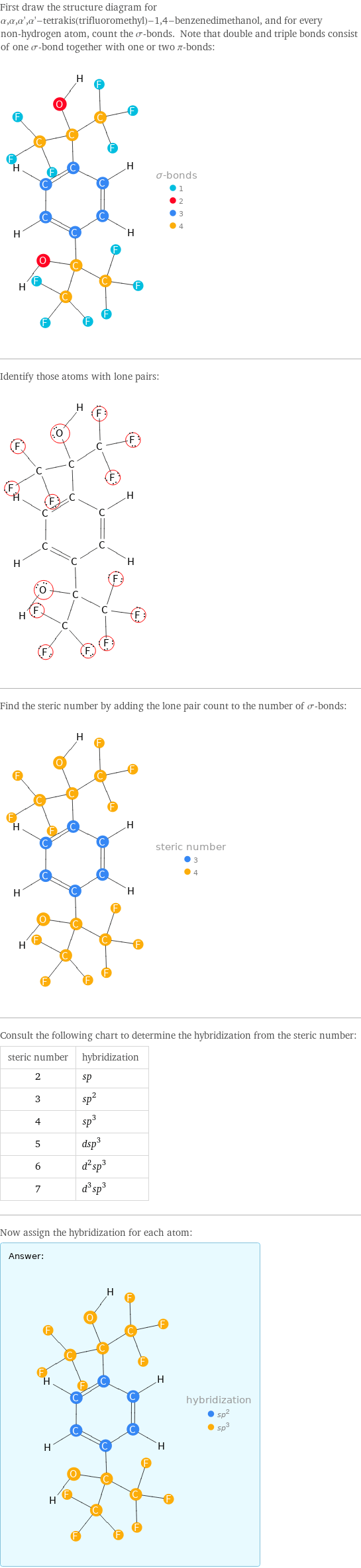 First draw the structure diagram for α, α, α', α'-tetrakis(trifluoromethyl)-1, 4-benzenedimethanol, and for every non-hydrogen atom, count the σ-bonds. Note that double and triple bonds consist of one σ-bond together with one or two π-bonds:  Identify those atoms with lone pairs:  Find the steric number by adding the lone pair count to the number of σ-bonds:  Consult the following chart to determine the hybridization from the steric number: steric number | hybridization 2 | sp 3 | sp^2 4 | sp^3 5 | dsp^3 6 | d^2sp^3 7 | d^3sp^3 Now assign the hybridization for each atom: Answer: |   | 