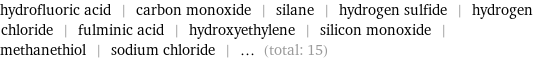 hydrofluoric acid | carbon monoxide | silane | hydrogen sulfide | hydrogen chloride | fulminic acid | hydroxyethylene | silicon monoxide | methanethiol | sodium chloride | ... (total: 15)