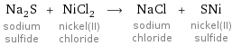 Na_2S sodium sulfide + NiCl_2 nickel(II) chloride ⟶ NaCl sodium chloride + SNi nickel(II) sulfide