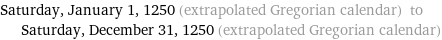 Saturday, January 1, 1250 (extrapolated Gregorian calendar) to Saturday, December 31, 1250 (extrapolated Gregorian calendar)