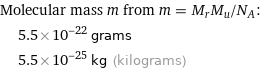 Molecular mass m from m = M_rM_u/N_A:  | 5.5×10^-22 grams  | 5.5×10^-25 kg (kilograms)