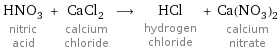 HNO_3 nitric acid + CaCl_2 calcium chloride ⟶ HCl hydrogen chloride + Ca(NO_3)_2 calcium nitrate