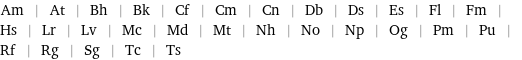 Am | At | Bh | Bk | Cf | Cm | Cn | Db | Ds | Es | Fl | Fm | Hs | Lr | Lv | Mc | Md | Mt | Nh | No | Np | Og | Pm | Pu | Rf | Rg | Sg | Tc | Ts