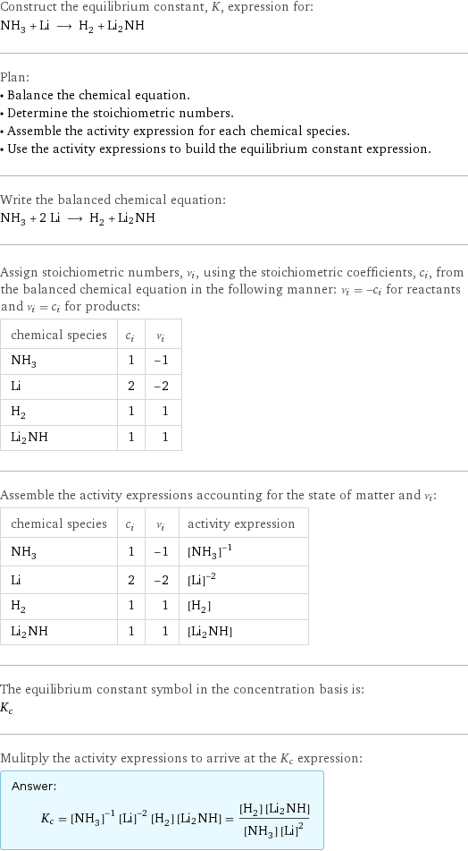 Construct the equilibrium constant, K, expression for: NH_3 + Li ⟶ H_2 + Li2NH Plan: • Balance the chemical equation. • Determine the stoichiometric numbers. • Assemble the activity expression for each chemical species. • Use the activity expressions to build the equilibrium constant expression. Write the balanced chemical equation: NH_3 + 2 Li ⟶ H_2 + Li2NH Assign stoichiometric numbers, ν_i, using the stoichiometric coefficients, c_i, from the balanced chemical equation in the following manner: ν_i = -c_i for reactants and ν_i = c_i for products: chemical species | c_i | ν_i NH_3 | 1 | -1 Li | 2 | -2 H_2 | 1 | 1 Li2NH | 1 | 1 Assemble the activity expressions accounting for the state of matter and ν_i: chemical species | c_i | ν_i | activity expression NH_3 | 1 | -1 | ([NH3])^(-1) Li | 2 | -2 | ([Li])^(-2) H_2 | 1 | 1 | [H2] Li2NH | 1 | 1 | [Li2NH] The equilibrium constant symbol in the concentration basis is: K_c Mulitply the activity expressions to arrive at the K_c expression: Answer: |   | K_c = ([NH3])^(-1) ([Li])^(-2) [H2] [Li2NH] = ([H2] [Li2NH])/([NH3] ([Li])^2)