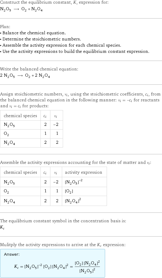 Construct the equilibrium constant, K, expression for: N_2O_5 ⟶ O_2 + N_2O_4 Plan: • Balance the chemical equation. • Determine the stoichiometric numbers. • Assemble the activity expression for each chemical species. • Use the activity expressions to build the equilibrium constant expression. Write the balanced chemical equation: 2 N_2O_5 ⟶ O_2 + 2 N_2O_4 Assign stoichiometric numbers, ν_i, using the stoichiometric coefficients, c_i, from the balanced chemical equation in the following manner: ν_i = -c_i for reactants and ν_i = c_i for products: chemical species | c_i | ν_i N_2O_5 | 2 | -2 O_2 | 1 | 1 N_2O_4 | 2 | 2 Assemble the activity expressions accounting for the state of matter and ν_i: chemical species | c_i | ν_i | activity expression N_2O_5 | 2 | -2 | ([N2O5])^(-2) O_2 | 1 | 1 | [O2] N_2O_4 | 2 | 2 | ([N2O4])^2 The equilibrium constant symbol in the concentration basis is: K_c Mulitply the activity expressions to arrive at the K_c expression: Answer: |   | K_c = ([N2O5])^(-2) [O2] ([N2O4])^2 = ([O2] ([N2O4])^2)/([N2O5])^2