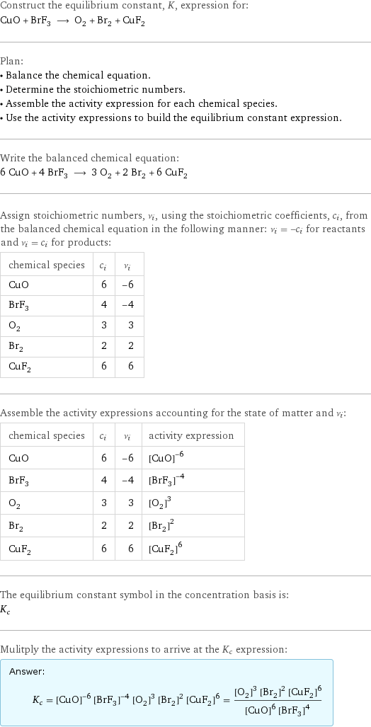 Construct the equilibrium constant, K, expression for: CuO + BrF_3 ⟶ O_2 + Br_2 + CuF_2 Plan: • Balance the chemical equation. • Determine the stoichiometric numbers. • Assemble the activity expression for each chemical species. • Use the activity expressions to build the equilibrium constant expression. Write the balanced chemical equation: 6 CuO + 4 BrF_3 ⟶ 3 O_2 + 2 Br_2 + 6 CuF_2 Assign stoichiometric numbers, ν_i, using the stoichiometric coefficients, c_i, from the balanced chemical equation in the following manner: ν_i = -c_i for reactants and ν_i = c_i for products: chemical species | c_i | ν_i CuO | 6 | -6 BrF_3 | 4 | -4 O_2 | 3 | 3 Br_2 | 2 | 2 CuF_2 | 6 | 6 Assemble the activity expressions accounting for the state of matter and ν_i: chemical species | c_i | ν_i | activity expression CuO | 6 | -6 | ([CuO])^(-6) BrF_3 | 4 | -4 | ([BrF3])^(-4) O_2 | 3 | 3 | ([O2])^3 Br_2 | 2 | 2 | ([Br2])^2 CuF_2 | 6 | 6 | ([CuF2])^6 The equilibrium constant symbol in the concentration basis is: K_c Mulitply the activity expressions to arrive at the K_c expression: Answer: |   | K_c = ([CuO])^(-6) ([BrF3])^(-4) ([O2])^3 ([Br2])^2 ([CuF2])^6 = (([O2])^3 ([Br2])^2 ([CuF2])^6)/(([CuO])^6 ([BrF3])^4)