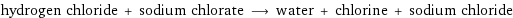 hydrogen chloride + sodium chlorate ⟶ water + chlorine + sodium chloride