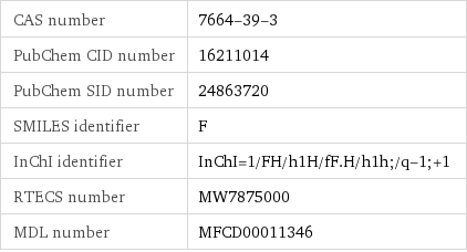 CAS number | 7664-39-3 PubChem CID number | 16211014 PubChem SID number | 24863720 SMILES identifier | F InChI identifier | InChI=1/FH/h1H/fF.H/h1h;/q-1;+1 RTECS number | MW7875000 MDL number | MFCD00011346