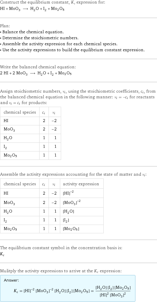 Construct the equilibrium constant, K, expression for: HI + MoO_3 ⟶ H_2O + I_2 + Mo2O5 Plan: • Balance the chemical equation. • Determine the stoichiometric numbers. • Assemble the activity expression for each chemical species. • Use the activity expressions to build the equilibrium constant expression. Write the balanced chemical equation: 2 HI + 2 MoO_3 ⟶ H_2O + I_2 + Mo2O5 Assign stoichiometric numbers, ν_i, using the stoichiometric coefficients, c_i, from the balanced chemical equation in the following manner: ν_i = -c_i for reactants and ν_i = c_i for products: chemical species | c_i | ν_i HI | 2 | -2 MoO_3 | 2 | -2 H_2O | 1 | 1 I_2 | 1 | 1 Mo2O5 | 1 | 1 Assemble the activity expressions accounting for the state of matter and ν_i: chemical species | c_i | ν_i | activity expression HI | 2 | -2 | ([HI])^(-2) MoO_3 | 2 | -2 | ([MoO3])^(-2) H_2O | 1 | 1 | [H2O] I_2 | 1 | 1 | [I2] Mo2O5 | 1 | 1 | [Mo2O5] The equilibrium constant symbol in the concentration basis is: K_c Mulitply the activity expressions to arrive at the K_c expression: Answer: |   | K_c = ([HI])^(-2) ([MoO3])^(-2) [H2O] [I2] [Mo2O5] = ([H2O] [I2] [Mo2O5])/(([HI])^2 ([MoO3])^2)