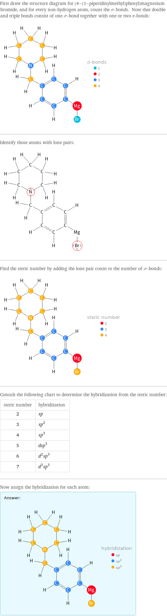 First draw the structure diagram for (4-(1-piperidinylmethyl)phenyl)magnesium bromide, and for every non-hydrogen atom, count the σ-bonds. Note that double and triple bonds consist of one σ-bond together with one or two π-bonds:  Identify those atoms with lone pairs:  Find the steric number by adding the lone pair count to the number of σ-bonds:  Consult the following chart to determine the hybridization from the steric number: steric number | hybridization 2 | sp 3 | sp^2 4 | sp^3 5 | dsp^3 6 | d^2sp^3 7 | d^3sp^3 Now assign the hybridization for each atom: Answer: |   | 