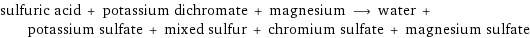 sulfuric acid + potassium dichromate + magnesium ⟶ water + potassium sulfate + mixed sulfur + chromium sulfate + magnesium sulfate