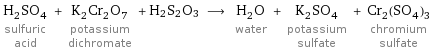 H_2SO_4 sulfuric acid + K_2Cr_2O_7 potassium dichromate + H2S2O3 ⟶ H_2O water + K_2SO_4 potassium sulfate + Cr_2(SO_4)_3 chromium sulfate