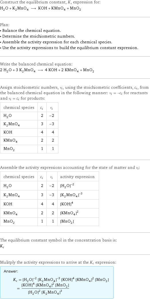 Construct the equilibrium constant, K, expression for: H_2O + K_2MnO_4 ⟶ KOH + KMnO_4 + MnO_2 Plan: • Balance the chemical equation. • Determine the stoichiometric numbers. • Assemble the activity expression for each chemical species. • Use the activity expressions to build the equilibrium constant expression. Write the balanced chemical equation: 2 H_2O + 3 K_2MnO_4 ⟶ 4 KOH + 2 KMnO_4 + MnO_2 Assign stoichiometric numbers, ν_i, using the stoichiometric coefficients, c_i, from the balanced chemical equation in the following manner: ν_i = -c_i for reactants and ν_i = c_i for products: chemical species | c_i | ν_i H_2O | 2 | -2 K_2MnO_4 | 3 | -3 KOH | 4 | 4 KMnO_4 | 2 | 2 MnO_2 | 1 | 1 Assemble the activity expressions accounting for the state of matter and ν_i: chemical species | c_i | ν_i | activity expression H_2O | 2 | -2 | ([H2O])^(-2) K_2MnO_4 | 3 | -3 | ([K2MnO4])^(-3) KOH | 4 | 4 | ([KOH])^4 KMnO_4 | 2 | 2 | ([KMnO4])^2 MnO_2 | 1 | 1 | [MnO2] The equilibrium constant symbol in the concentration basis is: K_c Mulitply the activity expressions to arrive at the K_c expression: Answer: |   | K_c = ([H2O])^(-2) ([K2MnO4])^(-3) ([KOH])^4 ([KMnO4])^2 [MnO2] = (([KOH])^4 ([KMnO4])^2 [MnO2])/(([H2O])^2 ([K2MnO4])^3)