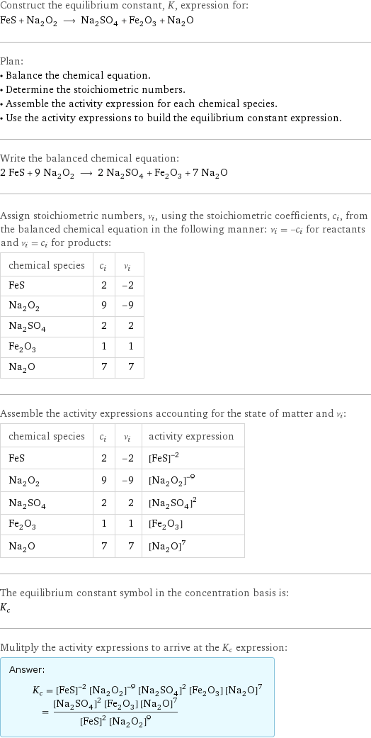 Construct the equilibrium constant, K, expression for: FeS + Na_2O_2 ⟶ Na_2SO_4 + Fe_2O_3 + Na_2O Plan: • Balance the chemical equation. • Determine the stoichiometric numbers. • Assemble the activity expression for each chemical species. • Use the activity expressions to build the equilibrium constant expression. Write the balanced chemical equation: 2 FeS + 9 Na_2O_2 ⟶ 2 Na_2SO_4 + Fe_2O_3 + 7 Na_2O Assign stoichiometric numbers, ν_i, using the stoichiometric coefficients, c_i, from the balanced chemical equation in the following manner: ν_i = -c_i for reactants and ν_i = c_i for products: chemical species | c_i | ν_i FeS | 2 | -2 Na_2O_2 | 9 | -9 Na_2SO_4 | 2 | 2 Fe_2O_3 | 1 | 1 Na_2O | 7 | 7 Assemble the activity expressions accounting for the state of matter and ν_i: chemical species | c_i | ν_i | activity expression FeS | 2 | -2 | ([FeS])^(-2) Na_2O_2 | 9 | -9 | ([Na2O2])^(-9) Na_2SO_4 | 2 | 2 | ([Na2SO4])^2 Fe_2O_3 | 1 | 1 | [Fe2O3] Na_2O | 7 | 7 | ([Na2O])^7 The equilibrium constant symbol in the concentration basis is: K_c Mulitply the activity expressions to arrive at the K_c expression: Answer: |   | K_c = ([FeS])^(-2) ([Na2O2])^(-9) ([Na2SO4])^2 [Fe2O3] ([Na2O])^7 = (([Na2SO4])^2 [Fe2O3] ([Na2O])^7)/(([FeS])^2 ([Na2O2])^9)