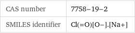 CAS number | 7758-19-2 SMILES identifier | Cl(=O)[O-].[Na+]