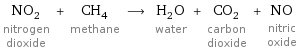 NO_2 nitrogen dioxide + CH_4 methane ⟶ H_2O water + CO_2 carbon dioxide + NO nitric oxide