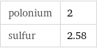 polonium | 2 sulfur | 2.58